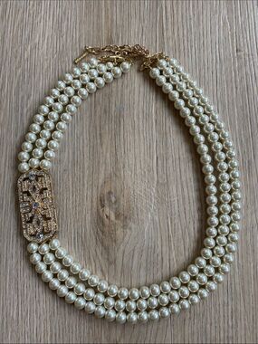 Saks Fifth Avenue Art Deco Triple Strand Pearl Rhinestone Statement Necklace